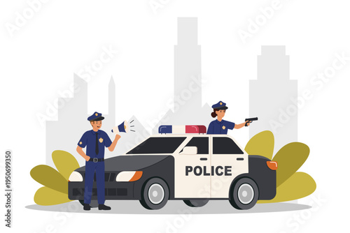 Negotiations with criminal. Two police officers near their car. Woman police officer aiming gun at criminal, man using megaphone.