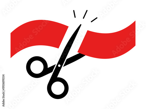 Scissors cutting red ribbon. Grand opening ceremony symbol. Celebration event launch and business inauguration sign. Start of project success. Vector illustration