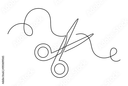 Scissors cutting simple curved thread, continuous line drawing. Open shear tool and string. Creative design element for tailor, sewing project and fashion hobby. Vector illustration