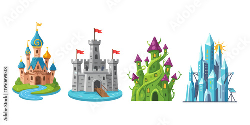 Four fantasy castles with unique themes and styles - fairytale, medieval, magical, and futuristic - set against a white backdrop