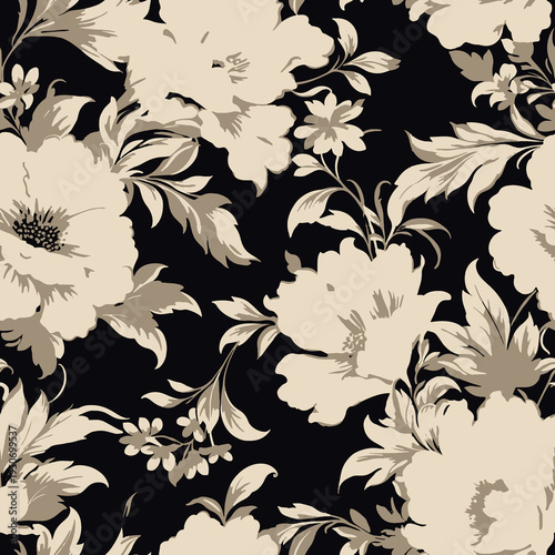 elegant white floral damask seamless pattern on black background for luxury design