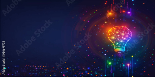 A glowing neon light bulb concept radiates digital energy through a blue night sky filled with stars, motion, and a bright technology design