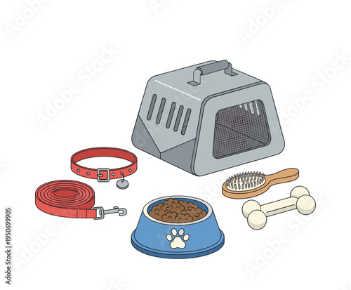 Pet essentials collection showing items for dog care, travel, feeding, grooming, and play. Promoting responsible pet ownership
