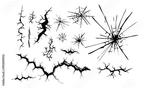 Ground crack . fissure for concrete, ice or stone wall effect. Realistic earthquake damage and road split for destruction or desert concept. . Hand drawn. Not AI, Vector isolated set.