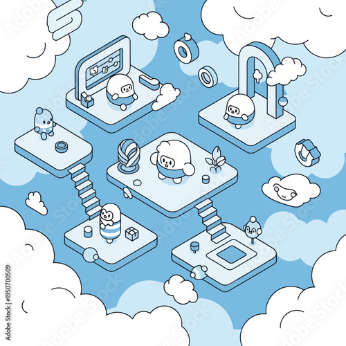 Cute cartoon characters on floating platforms in a whimsical sky world.