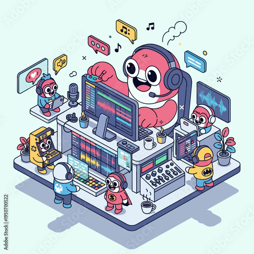 Cute Cartoon Monster Working on Music Production with Friends.