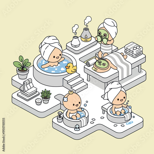 Cute Characters Enjoying a Relaxing Spa Day Together.