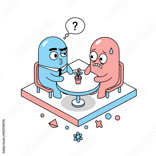 Two cartoon characters having a tense meeting over a small plant.