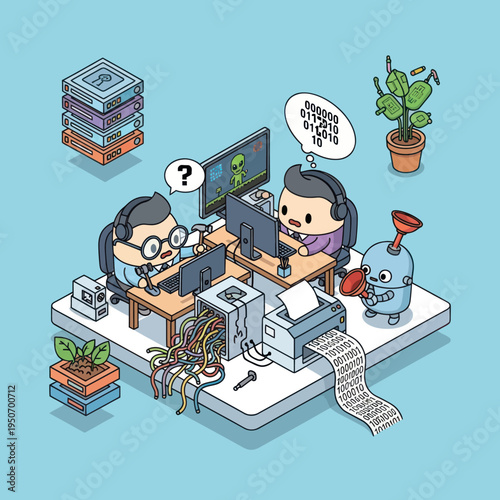 Two programmers working together on a complex coding project with a robot assistant.