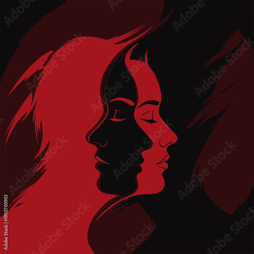 Abstract Silhouette of Overlapping Female Faces in Red and Black