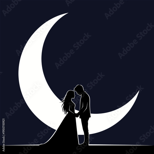 Silhouette of a Romantic Couple in Front of a Large Crescent Moon