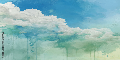 Abstract serene panorama painting of cumulus clouds drifting across a calming blue sky. A tranquil and contemplative image.