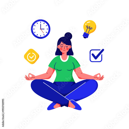 Woman meditating for productivity and time management illustration