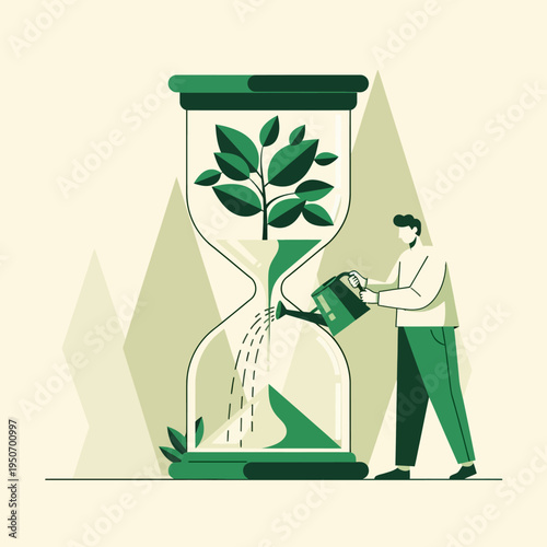 Hourglass with Plant and Man Watering Concept Illustration