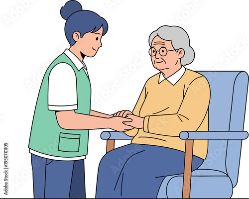 Caregiver holding hands of an elderly woman in a chair