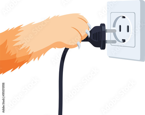 Cat Paw Plugging in Electric Plug into Wall Socket Illustration