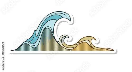 Stylized illustration of ocean waves crashing on a sandy beach, with a clean, modern aesthetic.