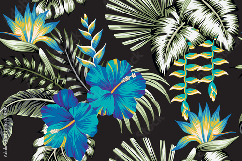 Tropical Hawaiian blue hibiscus flower, palm leaves floral seamless pattern black background. Exotic jungle wallpaper.