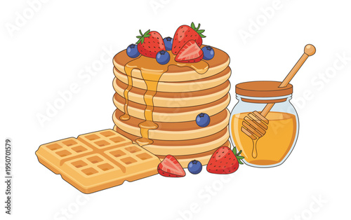 Pancakes and waffle with fresh fruits and honey, representing delicious morning meals and sweet treats