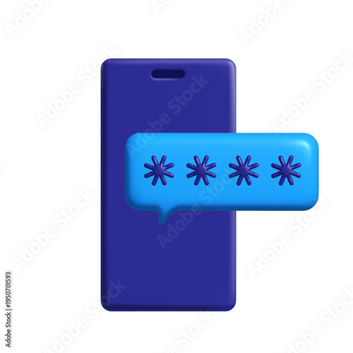 Dark blue smartphone with a bright blue password bubble containing five asterisks, symbolizing cybersecurity and authentication. Vector illustration