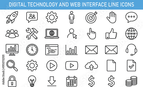 Digital technology and web interface line icons set with communication analytics ecommerce cloud data security vector illustration for software development online services and startup business