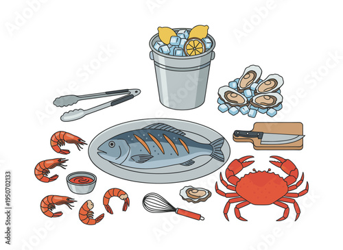 Various fresh seafood items including grilled fish, crab, shrimp, and oysters, prepared alongside lemons and kitchen utensils