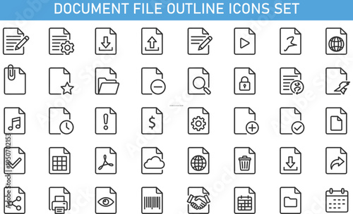 document file outline icons set, file management interface symbols, digital document system vector icons, office workflow elements collection, file format storage icons, document UI icons