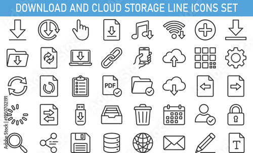 download and cloud storage line icons set, file transfer and data management symbols including upload sync folder link database security and digital tools