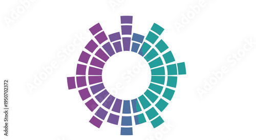 Abstract circular sound wave equalizer graphic with purple and teal segments on a white background, representing audio technology and digital music