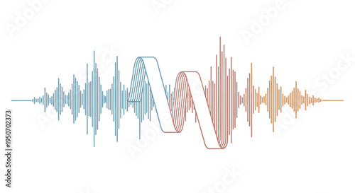 Abstract sound wave visualization with a ribbon-like element, representing audio, music, and technology.