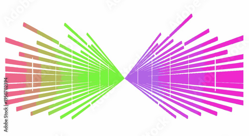 Dynamic abstract digital art with colorful radiating lines in green and purple, forming a geometric perspective tunnel effect, modern design.