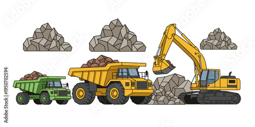 Excavator loading rock piles onto large dump trucks for mining, quarry, and heavy construction operations