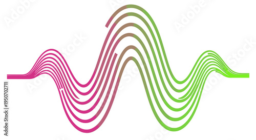 Abstract wavy lines with a vibrant pink to green gradient, representing a modern sound wave or digital frequency pattern, ideal for technology and design concepts.