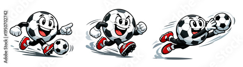 Cartoon soccer ball characters set with energetic football actions and happy emotions.