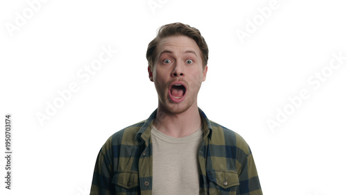 Surprised Young Man with Wide Eyes in Amazed Reaction Isolated on Transparent Background