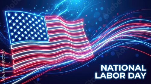 National labor day glowing usa flag with red and blue neon light trails on dark blue background