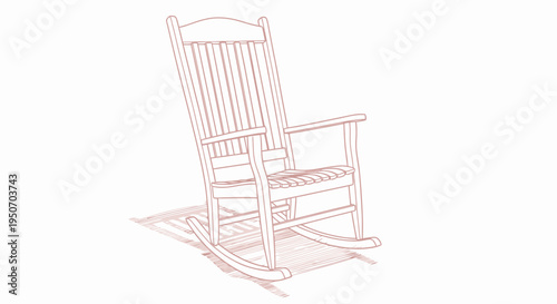 Red line art illustration of a wooden rocking ch.air on white background