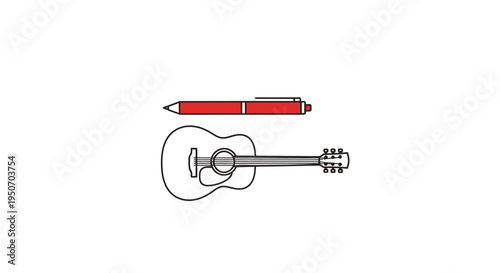 Minimalist illustration of a red pen and acoustic guitar outline for songwriting.