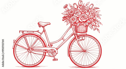 Red sketch of a bicycle with a basket full of flowers.