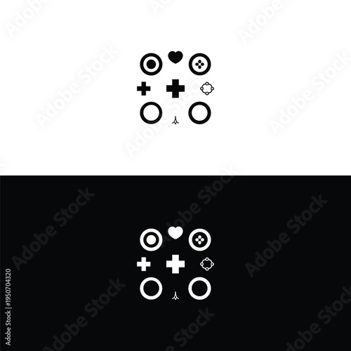 A minimalistic black and white logo displays a central plus symbol surrounded by diverse iconic shapes in an organized grid pattern.