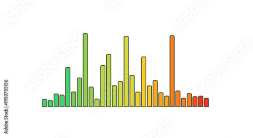 Colorful bar chart visualization displaying data analysis or sound spectrum with varying heights and a gradient from green to red, indicating progress or decline.