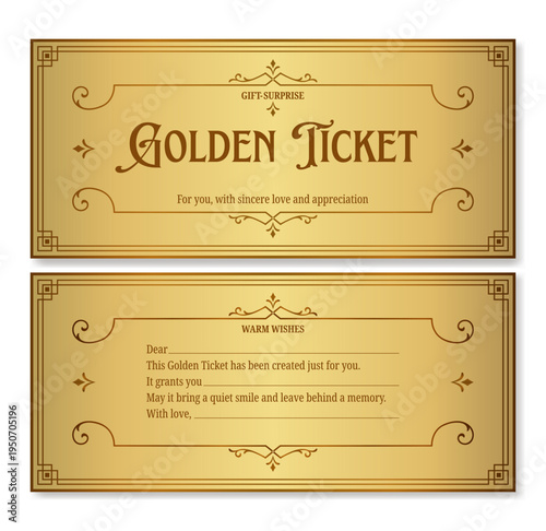 Golden Ticket vector template with ornate vintage frame, front and back sides. Great for invitations, vouchers, rewards and special occasions with custom text.