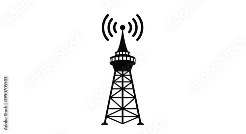 Black radio tower with signal waves a striking silhouette