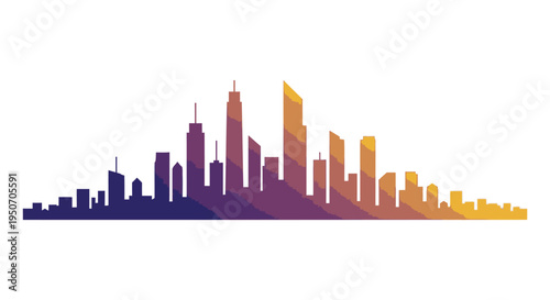 Modern city skyline silhouette with gradient colors from purple to orange, representing urban development and progress.