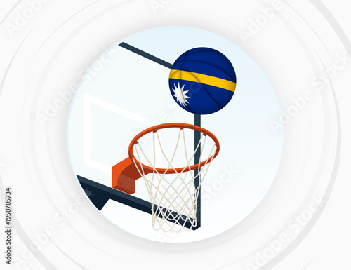 Nauru Flag Themed Basketball in Motion, Scoring Moment in Basketball Game.