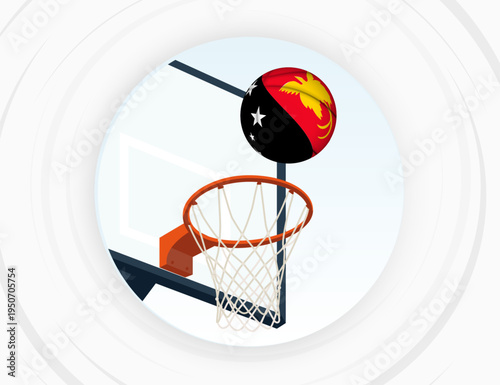Papua New Guinea Flag Themed Basketball in Motion, Scoring Moment in Basketball Game.