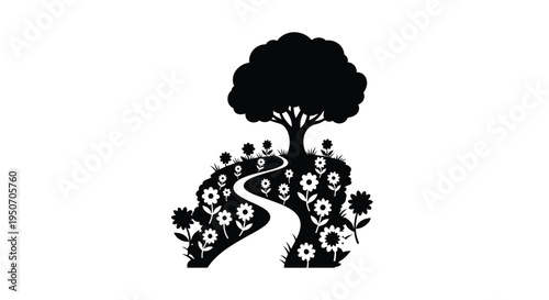 A scenic landscape with a winding path and floral details silhouette