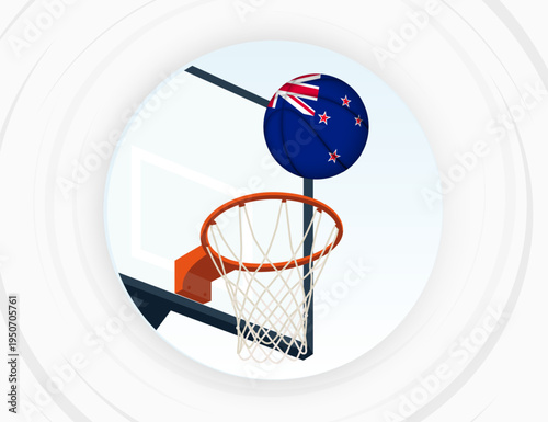 New Zealand Flag Themed Basketball in Motion, Scoring Moment in Basketball Game.