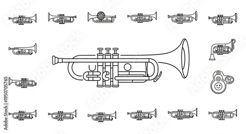 Trumpet Musical Instrument Line Drawing.
