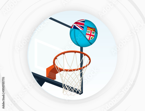 Fiji Flag Themed Basketball in Motion, Scoring Moment in Basketball Game.